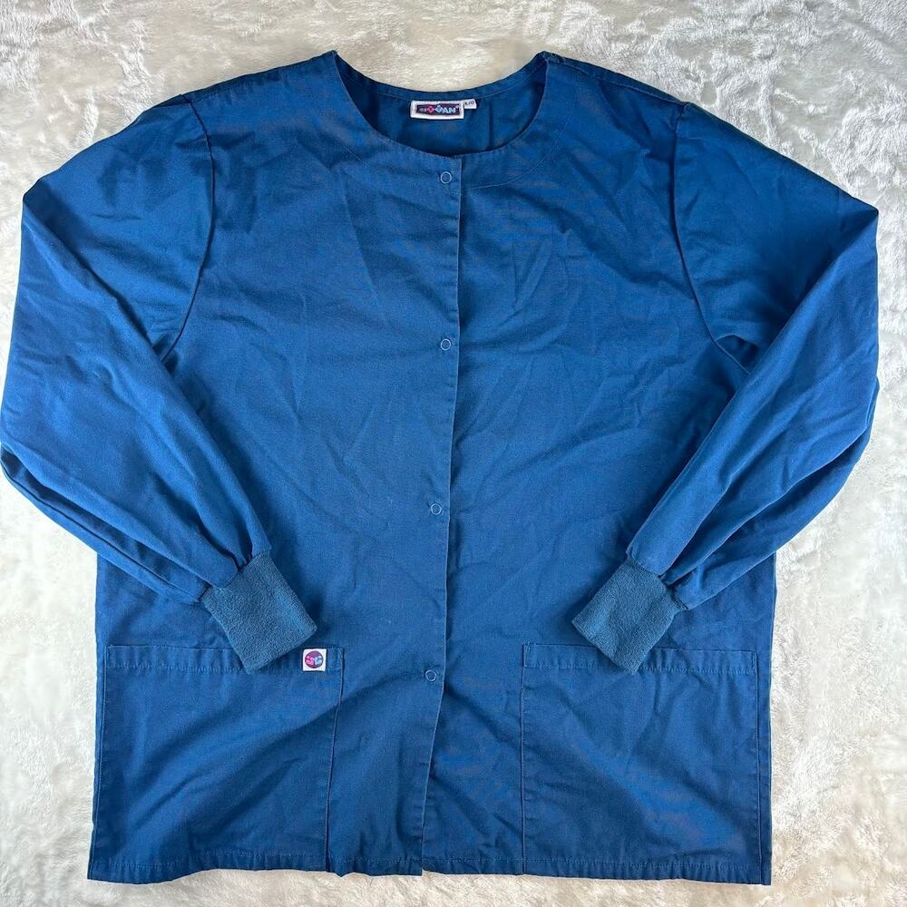 Sivvan Scrubs Top Blue Women's Large Full Snap Pockets Long Sleeves